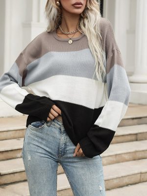 Casual Colorblock Long-Sleeved Sweater for Autumn/Winter