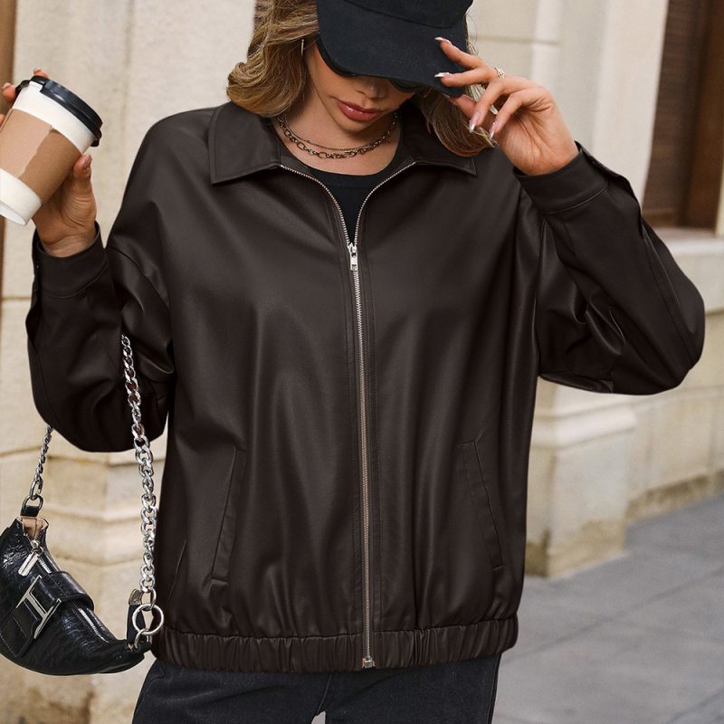 Casual Faux Leather Motorcycle Jacket with Polo Collar and Zipper - Image 2