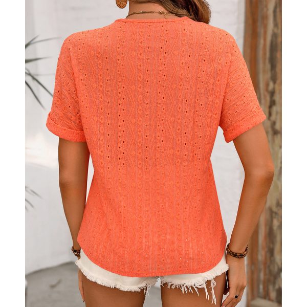 Ripped Crocheted Hollow Out Cutout V-Neck Short Sleeve T-Shirt - Image 4