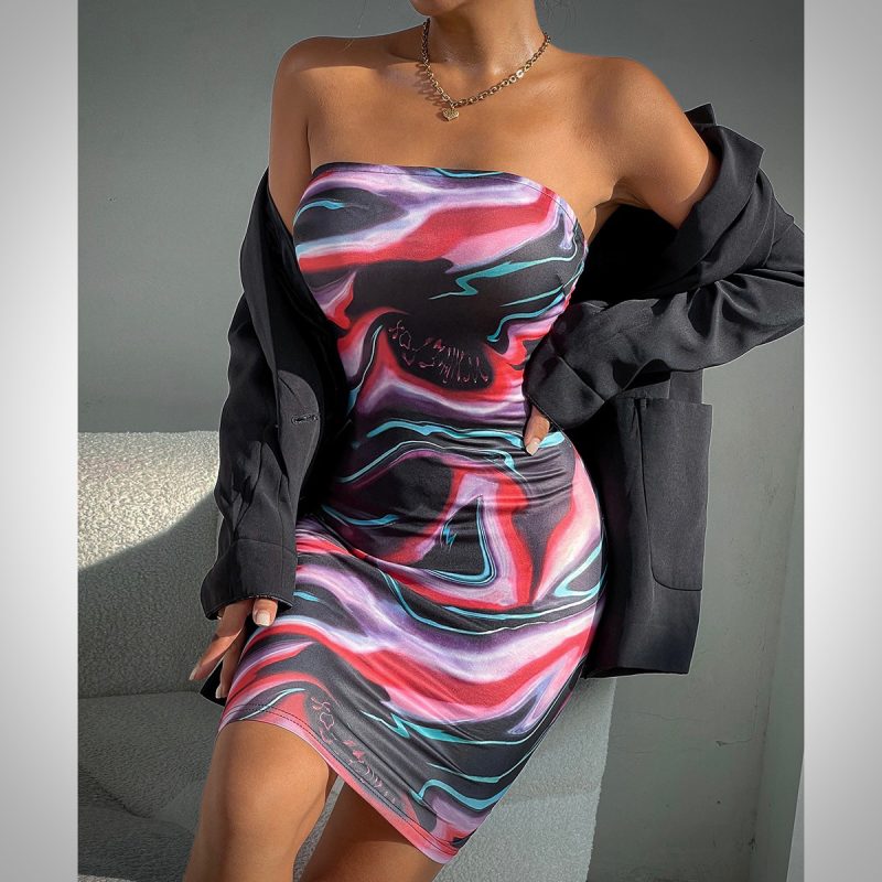 Color Printed Tube Top Sheath Dress - Image 3