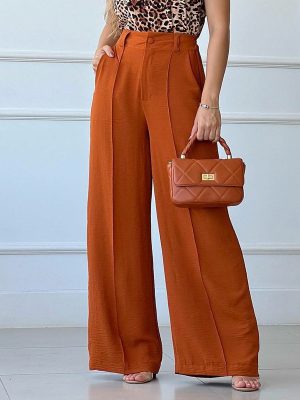 Spring Summer Solid Color Loose Pleated Wide Leg Casual Pants with Half Elastic Waist