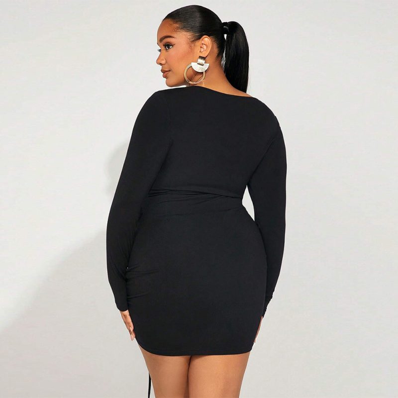Fall/Winter Plus Size Slim Fit Sheath Square Collar Long Sleeve Dress - Image 2