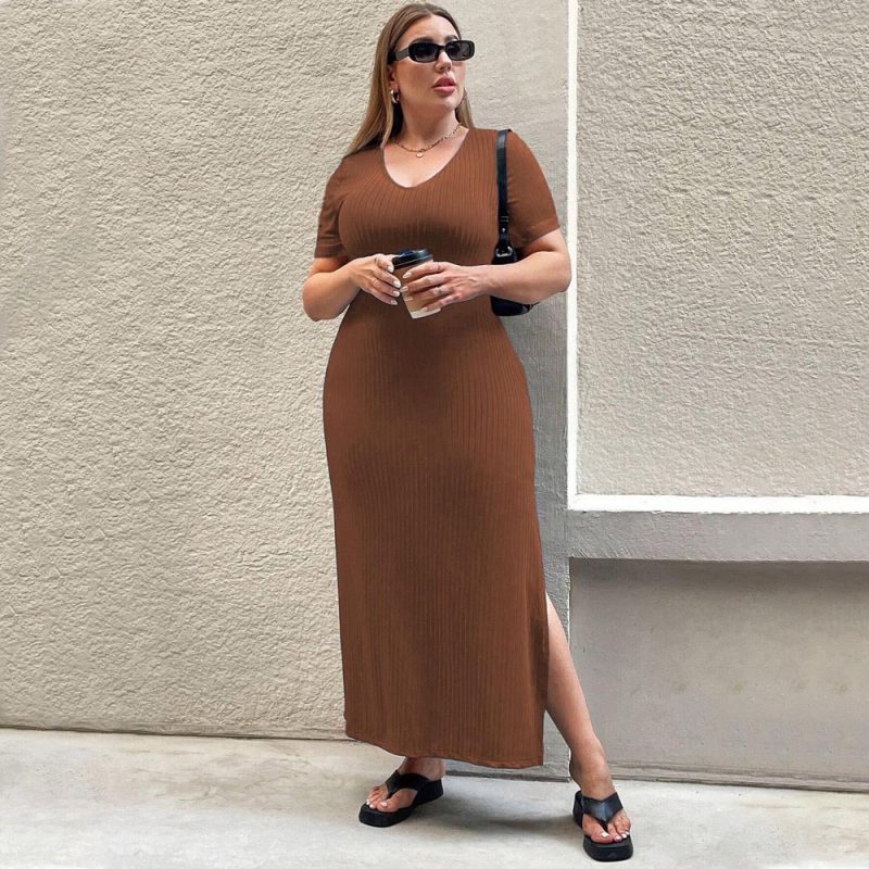 Plus Size Waist-Controlled Split Short Sleeve Sheath Dress - Image 4