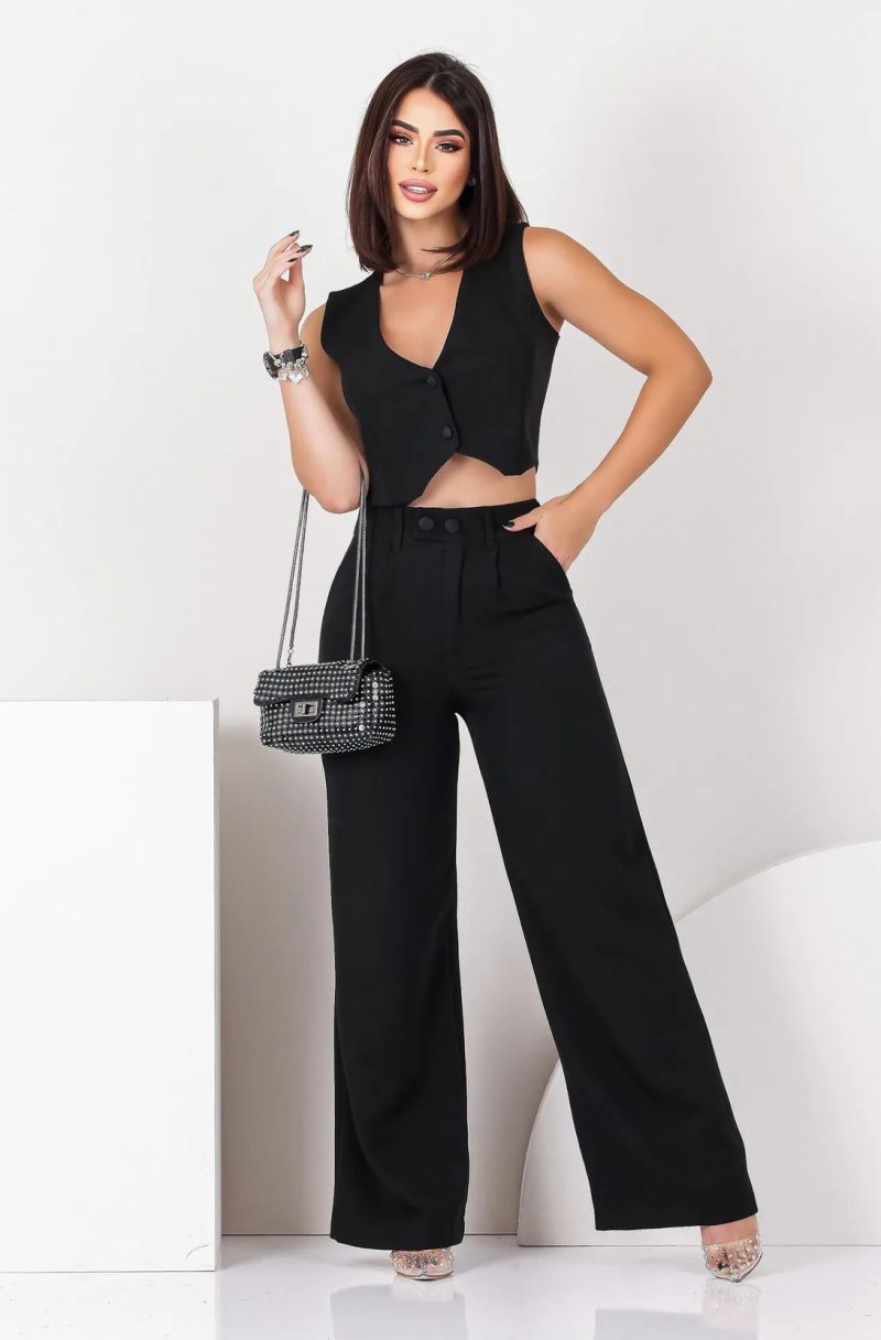 Solid Color Sleeveless Cropped Top and Loose Trousers Set - Image 4