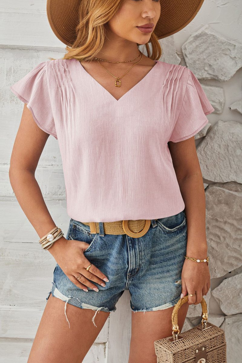 Spring Summer V-Neck Gold Fabric Petal Sleeve Top - Image 4