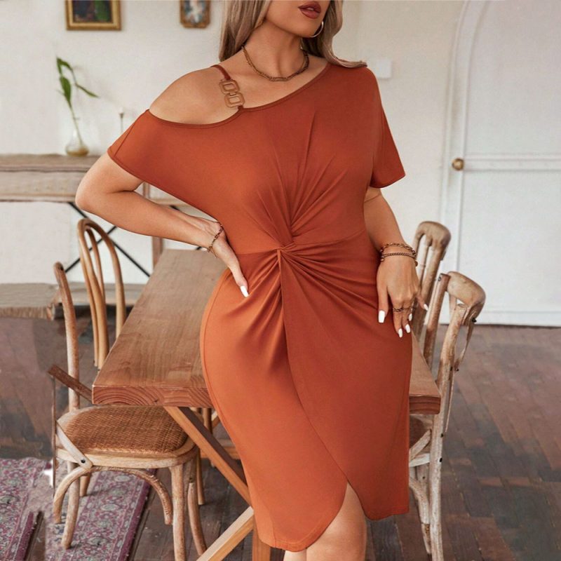 Plus Size Spring Slim Fit Ruffle Hip Oblique Shoulder Cami Dress - Image 4