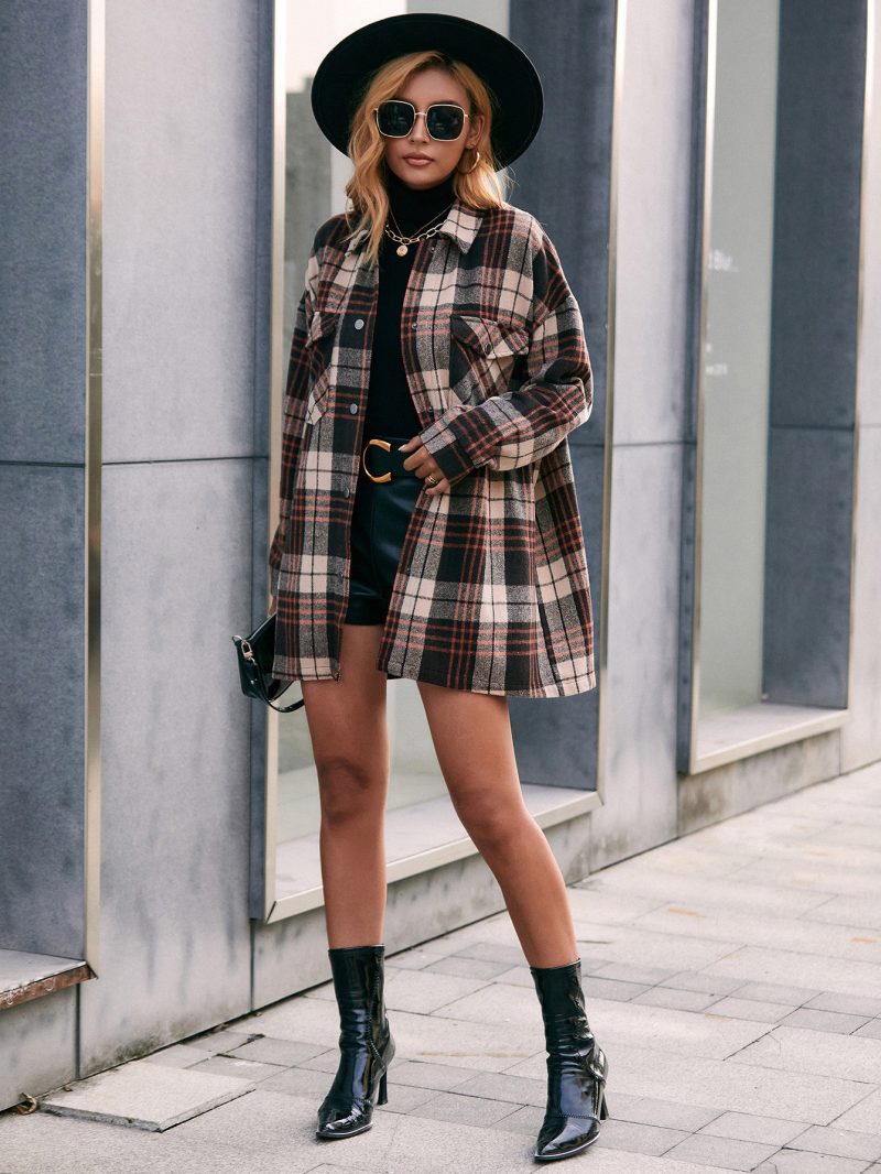 Casual Plaid Single-Breasted Collared Mid-Length Trench Coat Shacket - Image 3