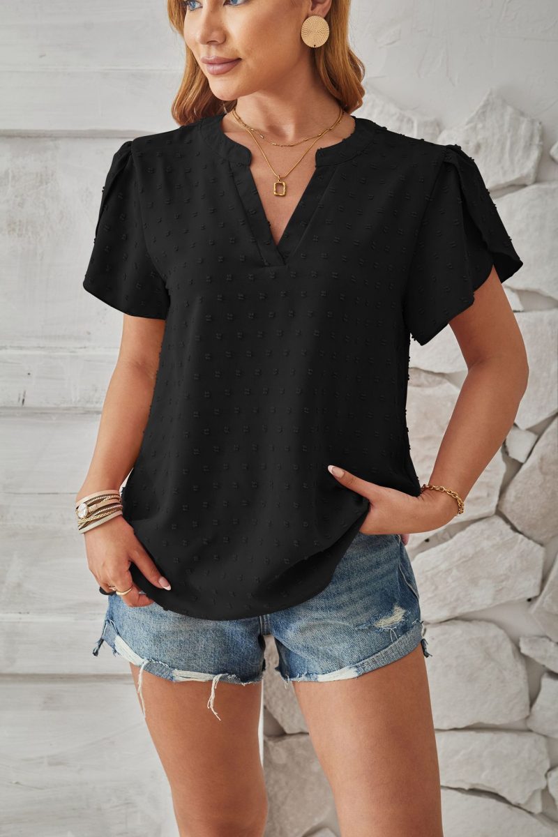 V-Neck Chiffon Fur Ball Top: Petal Sleeve Elegance for Spring/Summer - Image 4