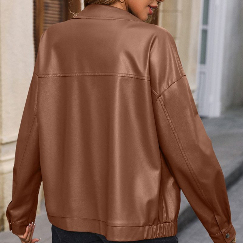 Casual Faux Leather Motorcycle Jacket with Polo Collar and Zipper - Image 3