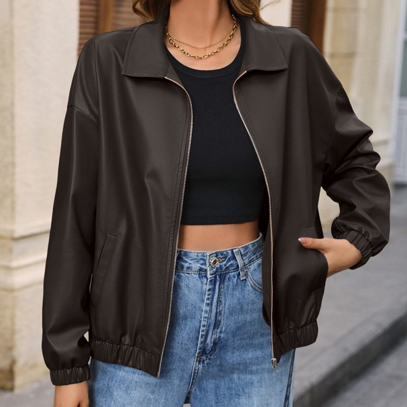 Solid Color Faux Leather Moto Jacket - Image 3
