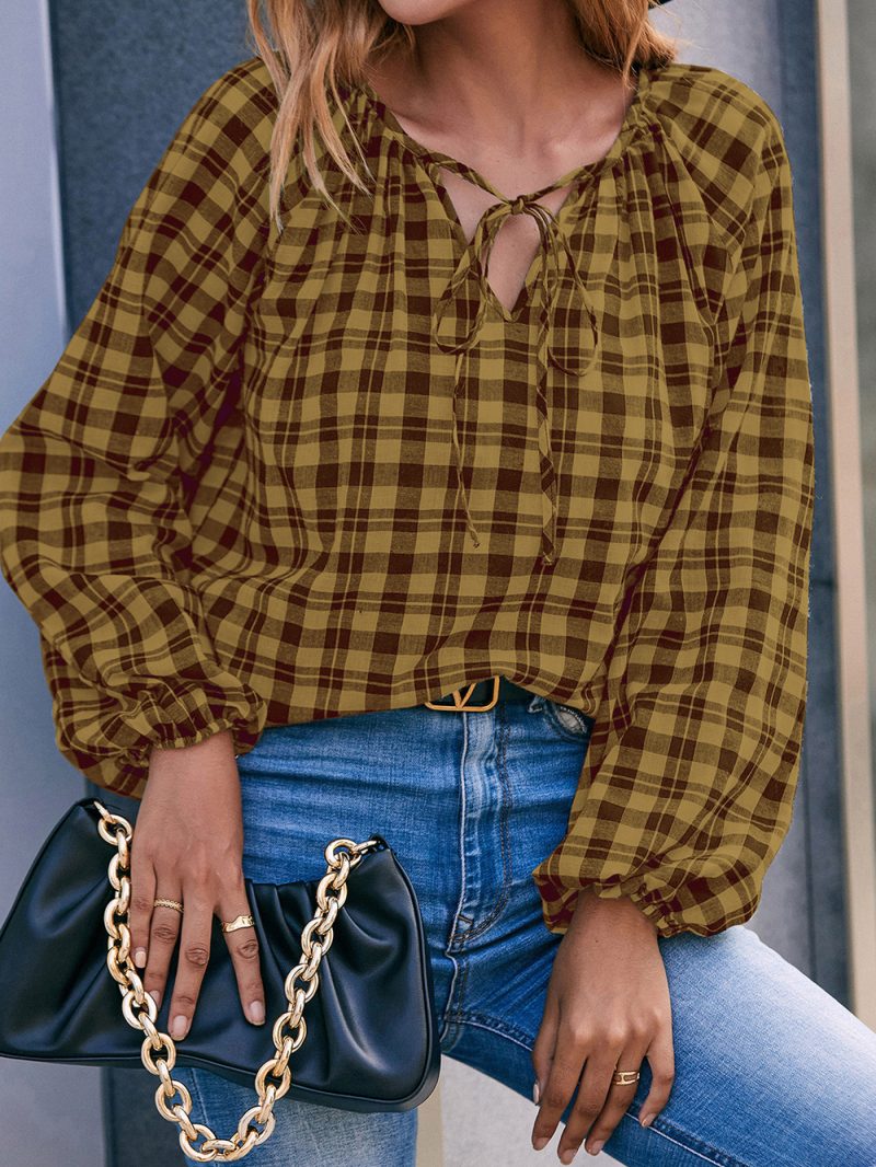 Casual Long-Sleeved V-Neck Plaid Overshirt for Women - Image 5