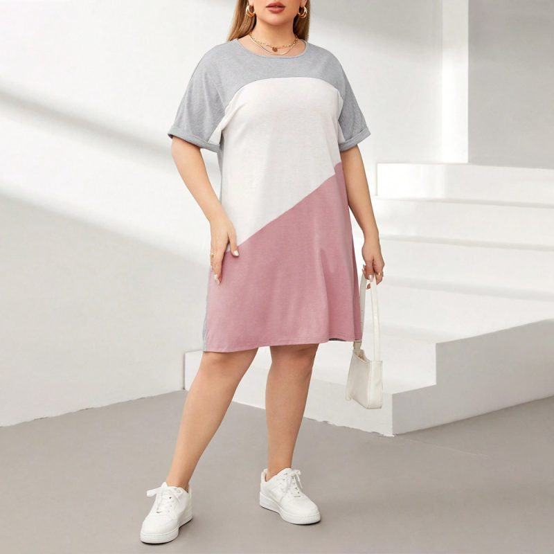 Plus Size Round Neck Contrast Color Casual Dress - Image 3