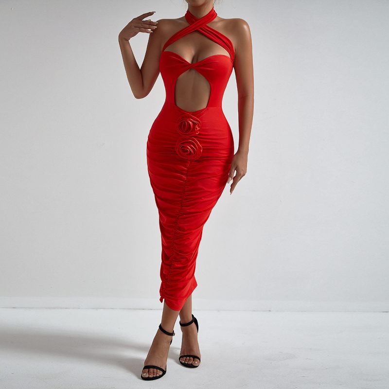 Fashionable Floral Cross Halter Dress - Image 2