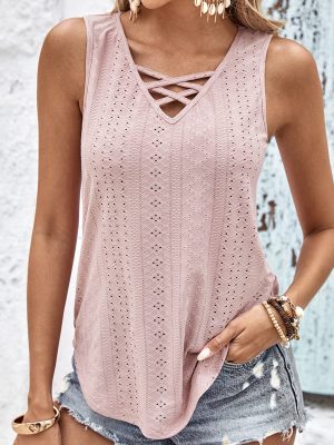 Breathable Loose Slimming V neck Knitted Vest Jacquard CrissCross Tied Top