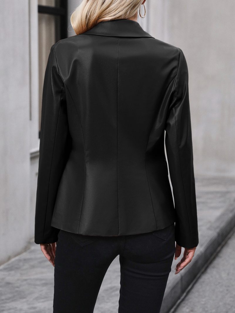 Double-Breasted Faux Leather Motorcycle Blazer Coat for Women - Image 3