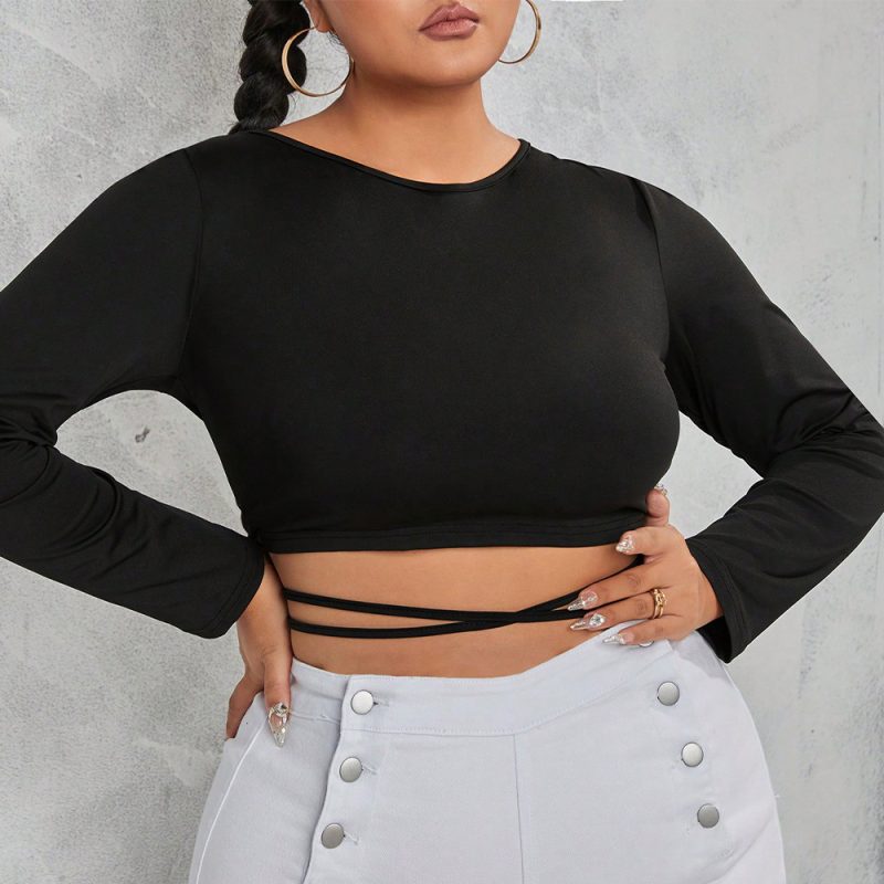 Plus Size Sexy Lace-Up Backless Short-Sleeved T-shirt Autumn Winter Coat - Image 4