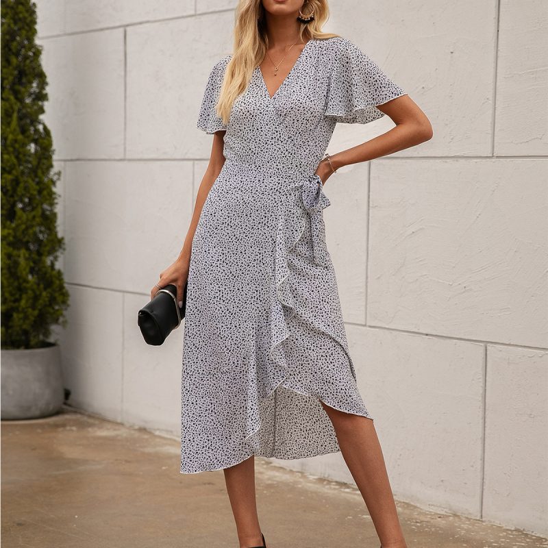 Polka Dot Printed Cardigan Lace-Up Ruffle Sleeve V-Neck Asymmetric Sheath Dress - Image 3