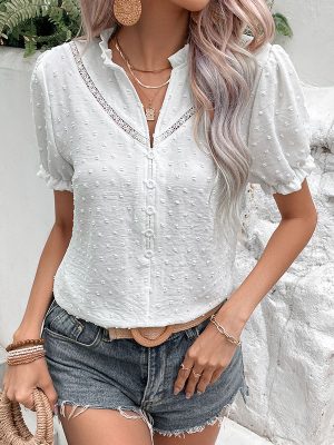 V-Neck Short Sleeve White Shirt for Women