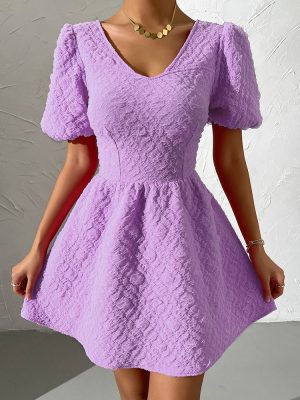 Solid Color V-neck Puff Sleeve Dress