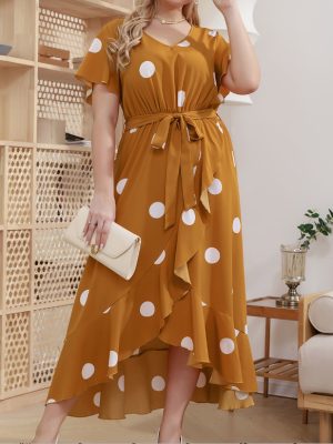 Simple Polka Dot Elastic Waist Plus Size Dress for Women