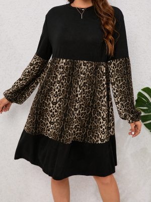 Leopard Splicing Long Sleeve Women’s Dress