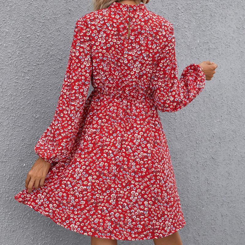 Floral Printed Long Sleeve High Round Neck Pullover Dress for Women - Image 4