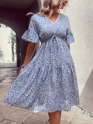 Printed V-neck Blue Dress for Women This Summer