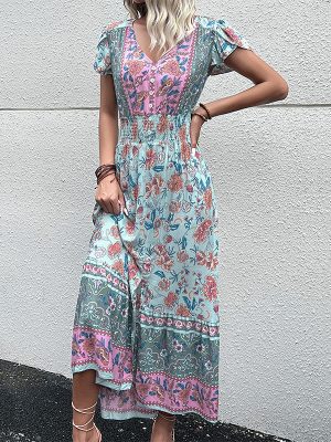 Summer Ethnic Holiday V-Neck Split Dress with Petal Sleeves