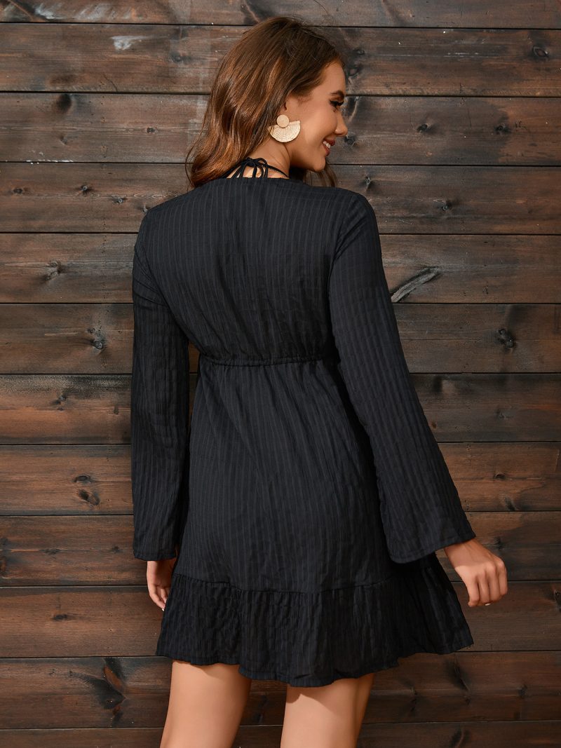 Autumn Solid Color Deep V Plunge Sexy A Line Dress Long Sleeve Lace Dress - Image 2