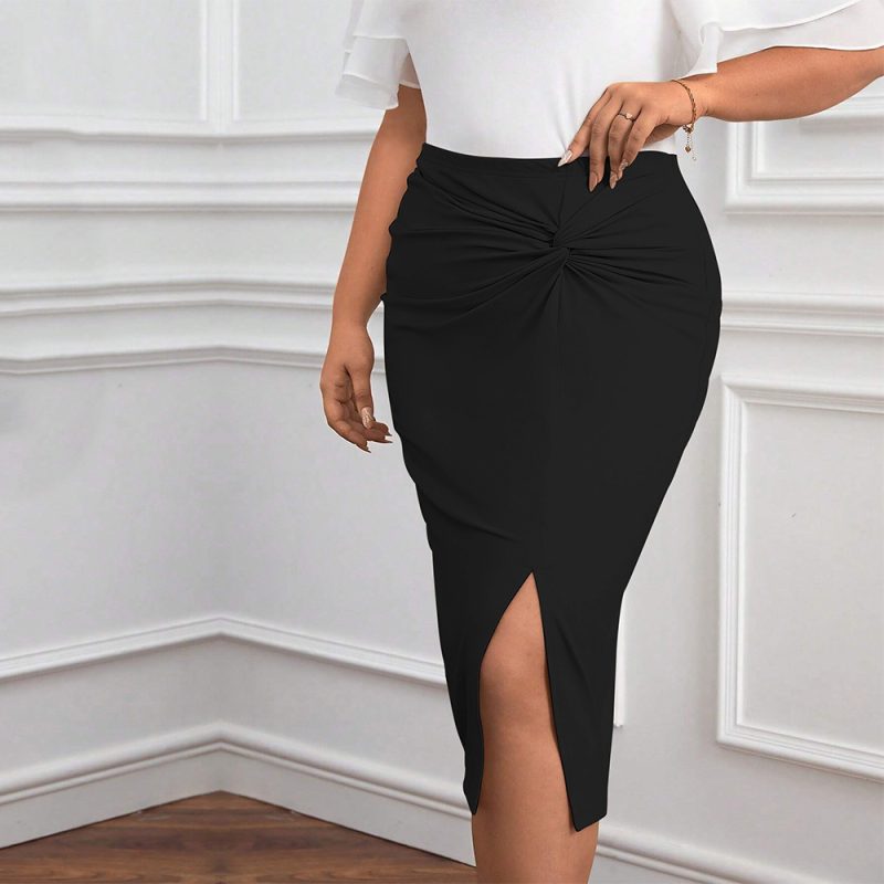 Elastic High Waist Slit Sheath Office Skirt for Plus Size Women - Image 4