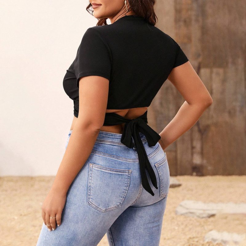 Plus Size Spring Tied Slim Fit V Neck Bottoming Shirt - Image 2