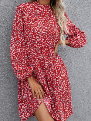 Floral Printed Long Sleeve High Round Neck Pullover Dress for Women