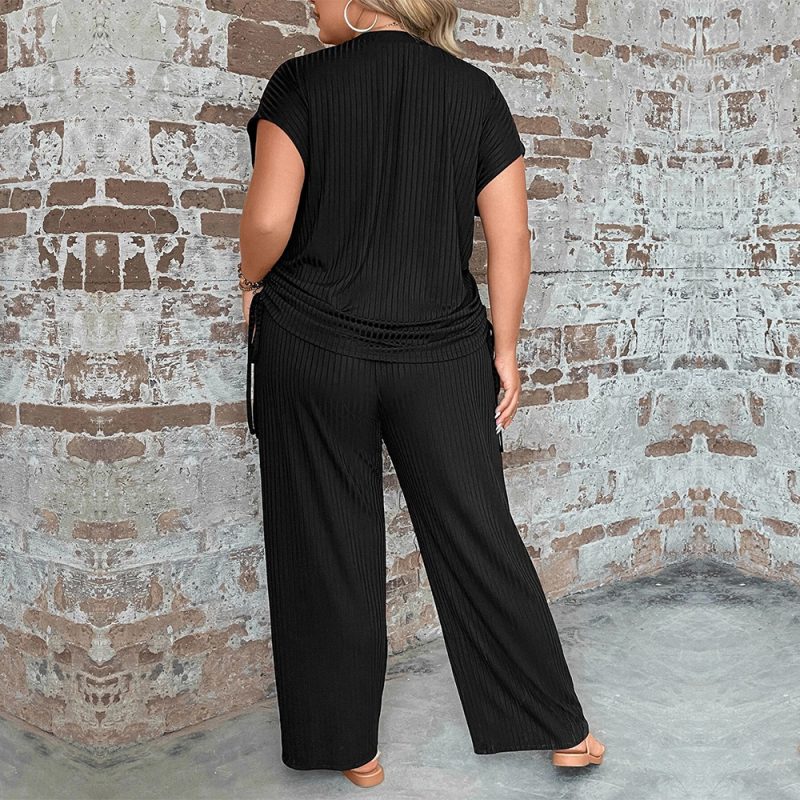 Plus Size Round Neck Loose Casual Short Sleeve T-Shirt & Wide Leg Pants Set - Image 2