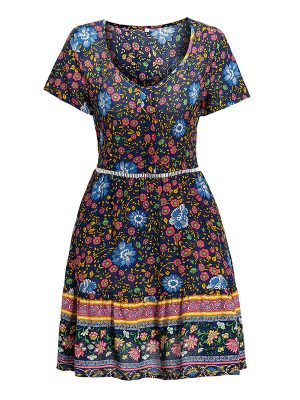 Spring Bohemian Floral Print Swing Dress with V-Neck Short Sleeves