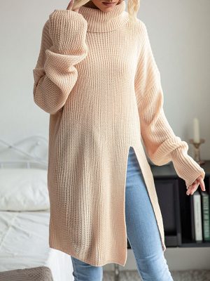 Solid Color Split Long Sleeve High Collar Sweater Dress