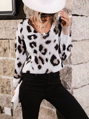 Leopard Chic: V-neck Long Sleeve Sweater