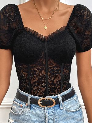 Sexy Lace Jumpsuit with Puff Short Sleeves and Collar Top Stitching