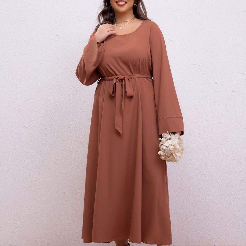 Middle East Plus Size Loose Retro Lace-Up Dress for Office - Image 3