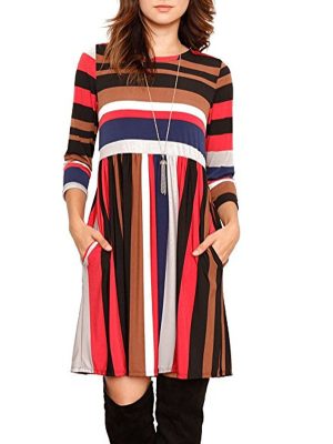 Round Neck Striped Patchwork Long Sleeve Casual Pullover Dress