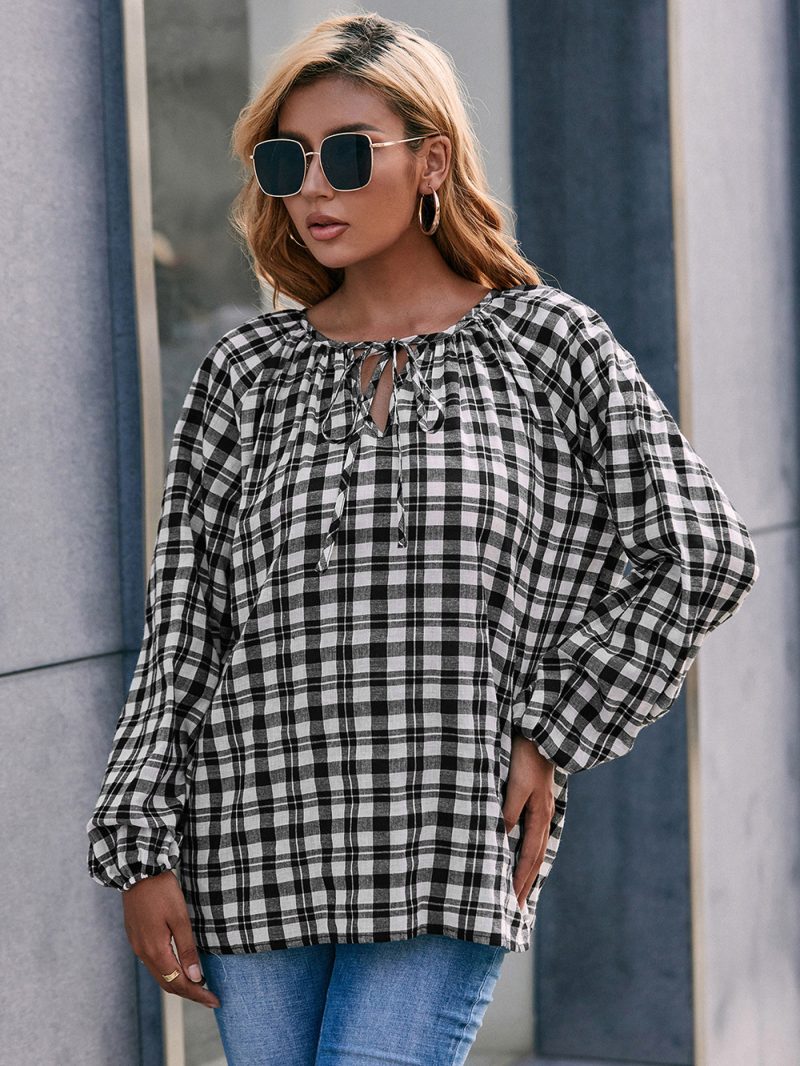 Casual Long-Sleeved V-Neck Plaid Overshirt for Women - Image 4