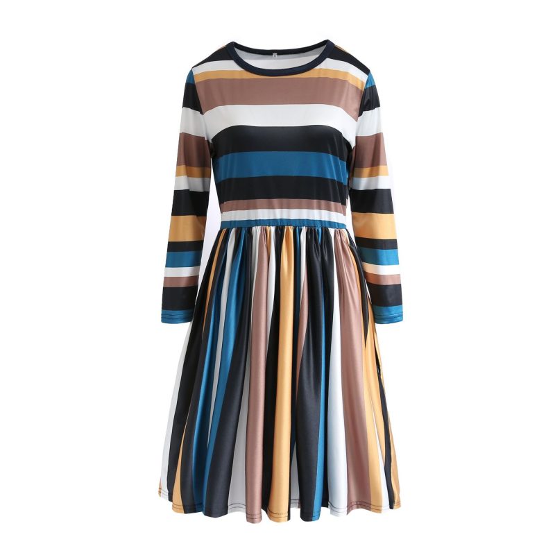 Round Neck Striped Patchwork Long Sleeve Casual Pullover Dress - Image 4