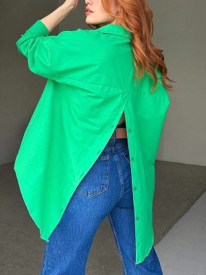 Spring Autumn Women’s Solid Color Long Sleeve Loose Shirt with Back Slit