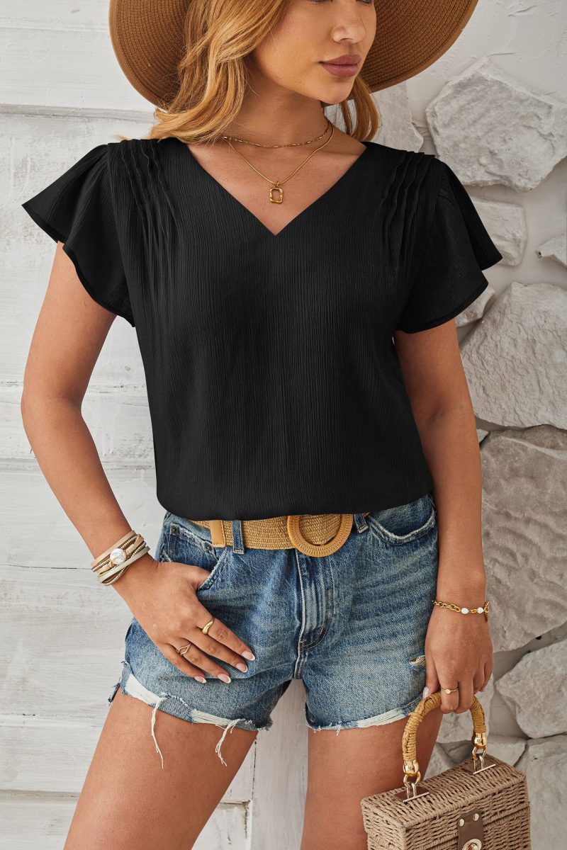 Spring Summer V-Neck Gold Fabric Petal Sleeve Top - Image 3