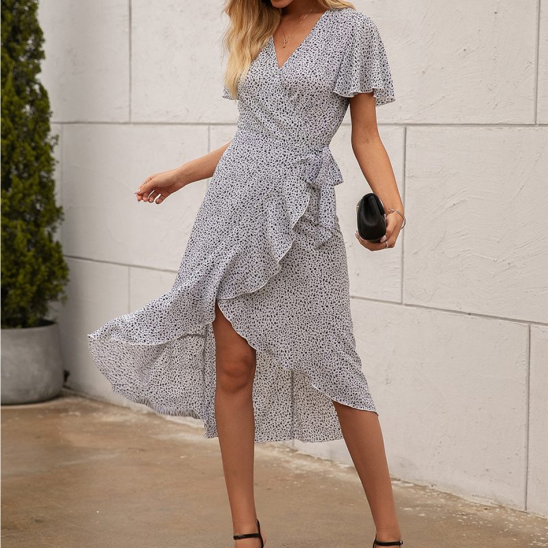 Polka Dot Printed Cardigan Lace-Up Ruffle Sleeve V-Neck Asymmetric Sheath Dress - Image 2