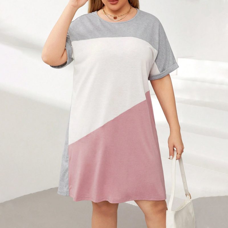 Plus Size Round Neck Contrast Color Casual Dress - Image 4