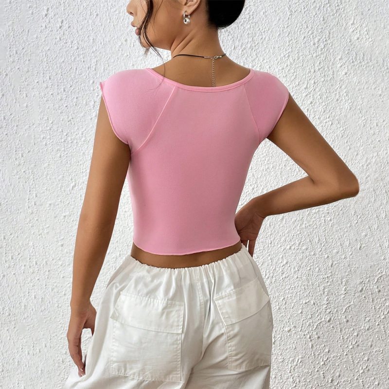 Sexy Square Collar Split Short Sleeve Crop Top - Image 3