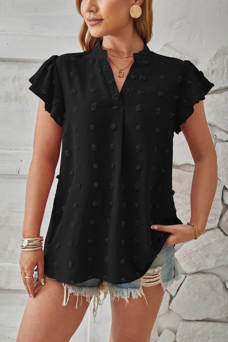 V-neck Short Sleeve Chiffon Office Shirt with Big Fur Ball - Image 4