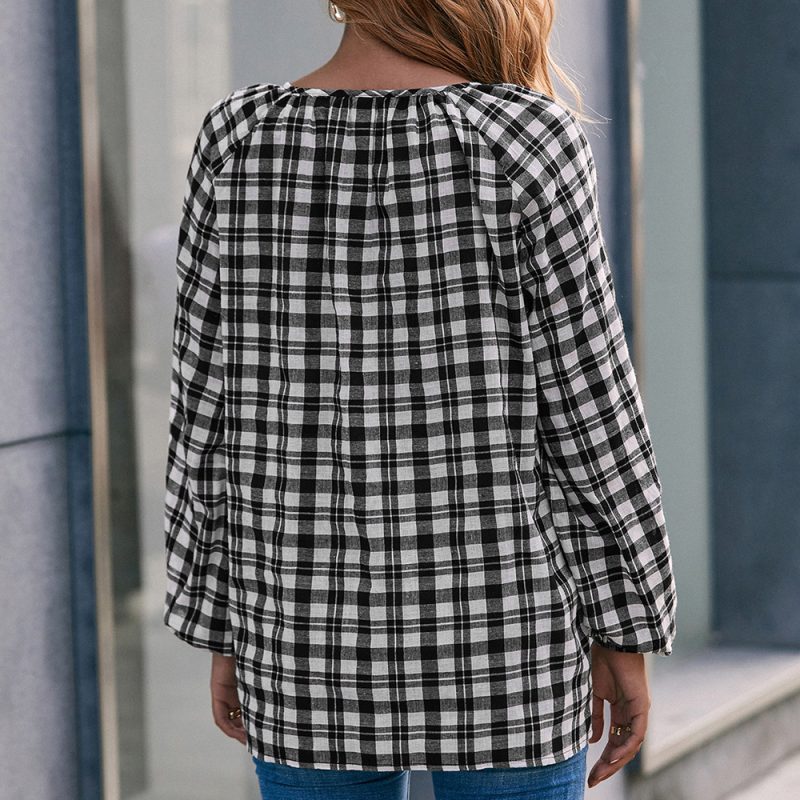 Casual Long-Sleeved V-Neck Plaid Overshirt for Women - Image 3