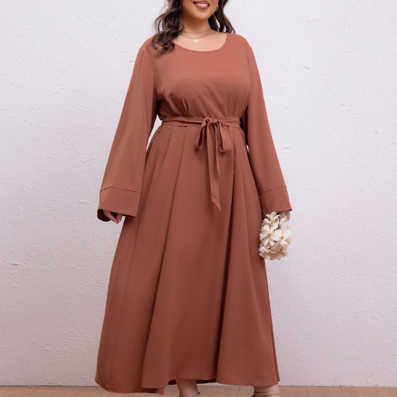 Middle East Plus Size Loose Retro Lace-Up Dress for Office - Image 4