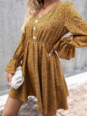 Leopard Print Long Sleeve V-Neck Dress for Autumn/Winter Women’s Fashion